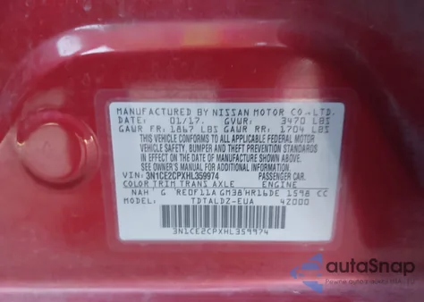 2017 Nissan Versa Note Sv z USA, uszkodzony, nr VIN 3N1CE2CPXHL359974